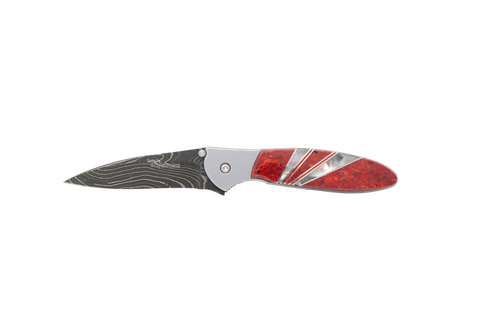 Damascus Blade Kershaw Leek- Red Coral and Black Lip Mother of Pearl