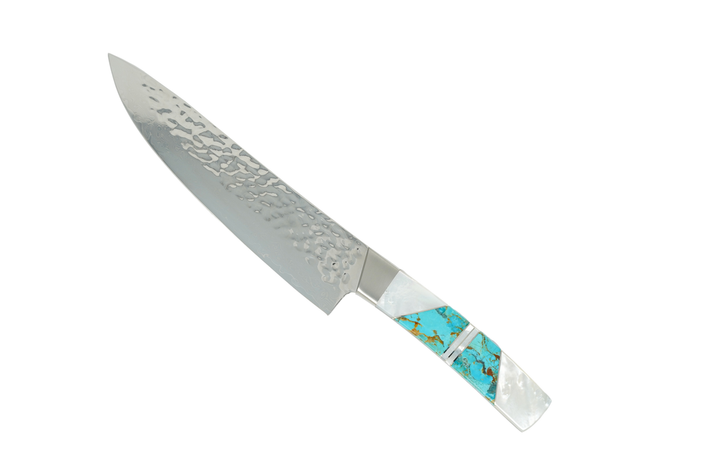 Jewelry Mother of Pearl Collection - Hammered Damascus Kitchen Knife-Turquoise