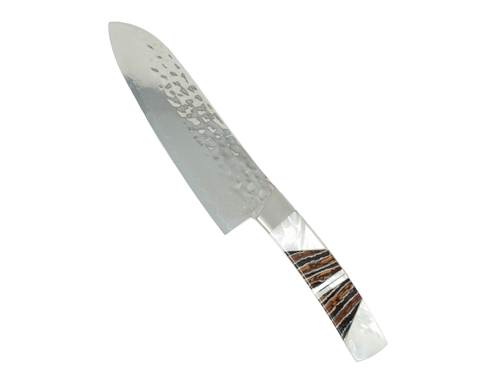 Mother of Pearl - Woolly Mammoth Tooth - Hammered Damascus Santoku knife