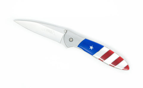Kershaw Leek with 3" plain blade featuring a US flag inlay pattern in lapis, mother of pearl and red coral.
