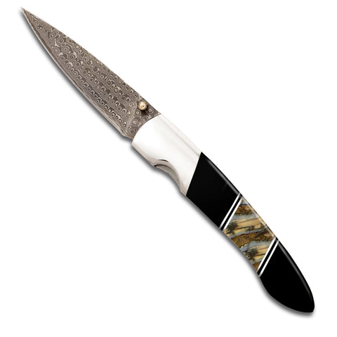 Woolly Mammoth Tooth Jewelry Collection 4" Damascus Liner Lock Knife with Clip