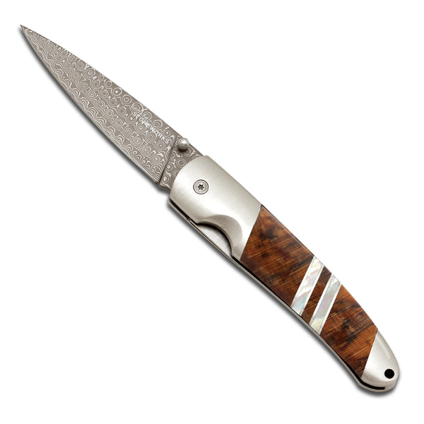 Damascus Collection Spalted Beech 4" Liner Lock Knife with Clip