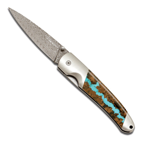 Damascus Collection Vein Turquoise 4" Liner Lock Knife with Clip