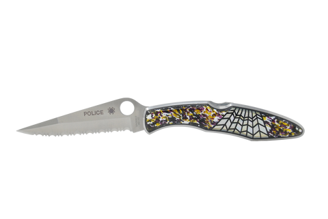 Spyderco Police Serrated Blade w/ Galalith vintage plastics/mother of pear web