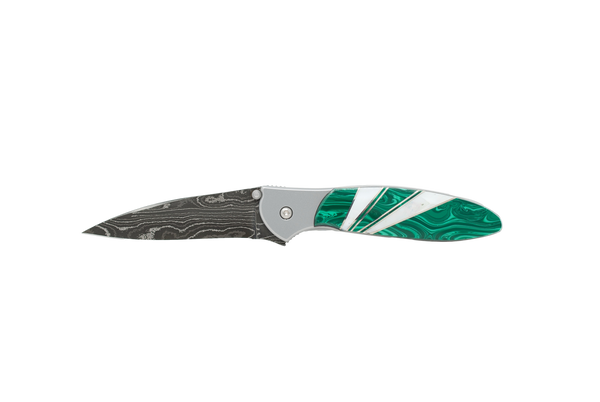 Damascus Blade Kershaw Leek- Malachite and Mother of Pearl