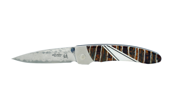 Mcusta MC-114D Forge Tsuchi VG-10 Core Damascus Blade Stainless Framelock 4.85" Folding knife with Mammoth Molar and Mother of Pearl