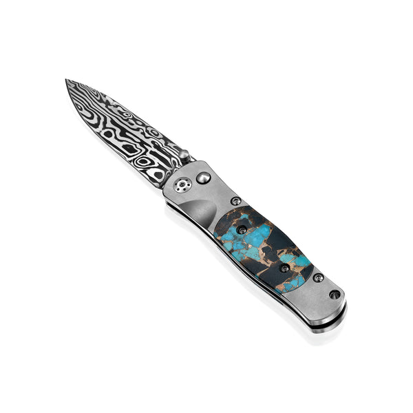 Tesoro Titanium button lock – Damasteel  Kingman Blue Turquoise, Obsidian & Bronze
