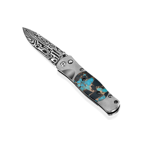 Tesoro Titanium button lock – Damasteel  Kingman Blue Turquoise, Obsidian & Bronze