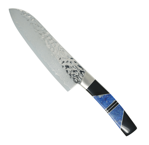Hammered Damascus  Jewelry Collection Lapis with Jet  7" Santoku