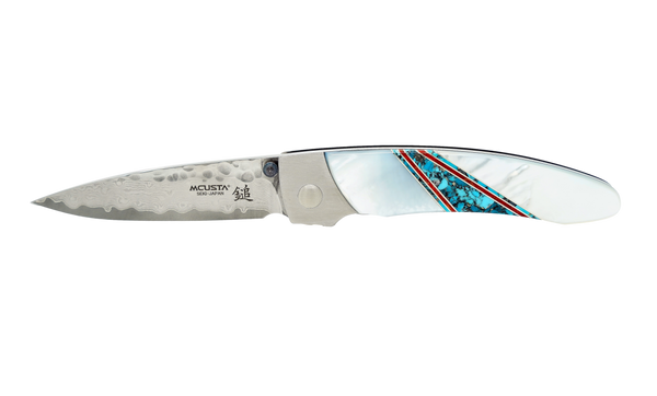 Mcusta MC-114D Forge Tsuchi VG-10 Core Damascus Blade Stainless Framelock 4.85" Folding knife with Mother of Perl and Turquoise