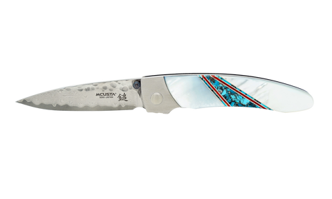 Mcusta MC-114D Forge Tsuchi VG-10 Core Damascus Blade Stainless Framelock 4.85" Folding knife with Mother of Perl and Turquoise