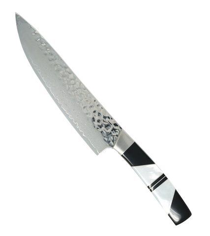 Hammered Damascus Jewelry Collection - Mother of Pearl with Jet - 8in Chefs Kitchen Knife