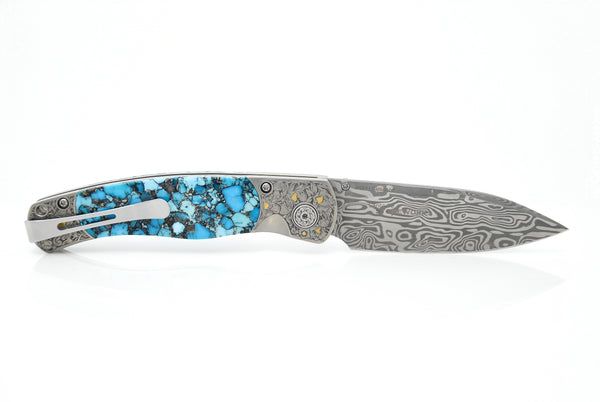 EL REY- Damasteel blade with Hand Engraving inlaid with Bonita Blue Turquoise Nugget