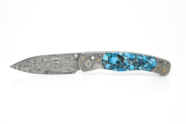 EL REY- Damasteel blade with Hand Engraving inlaid with Bonita Blue Turquoise Nugget