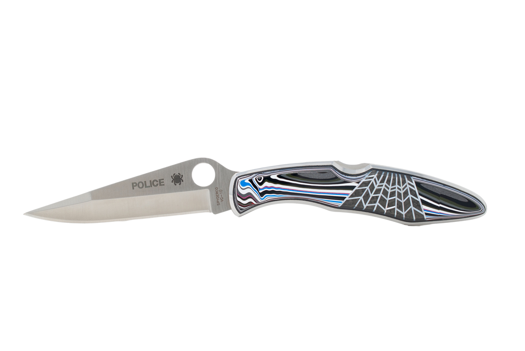 Spyderco Police model plain blade- Fordite with Carbon Fiber and G-10