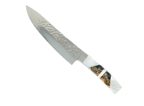 Mother of Pearl - Woolly Mammoth Tusk - Hammered Damascus 8" Chefs Kitchen Knife