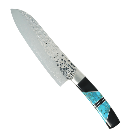 Hammered Damascus Jewelry Collection Turquoise with Jet 7" Santoku