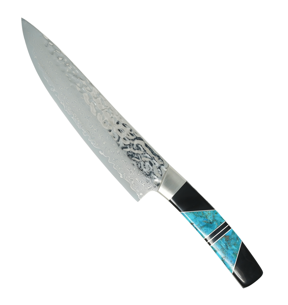 Hammered Damascus Jewelry Collection - Turquoise with Jet - 8in Chefs Kitchen Knife