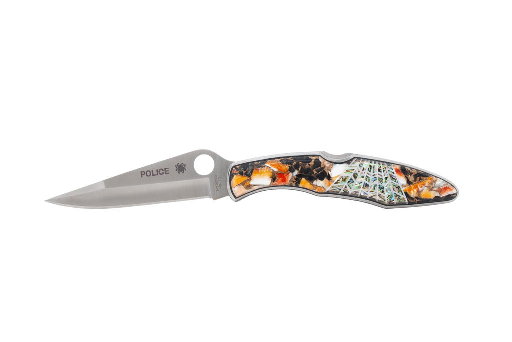 Spyderco Police Model Plain Blade- Spiny Oyster/ Obsdian. bronze with Abalone and Mother of Pearl web