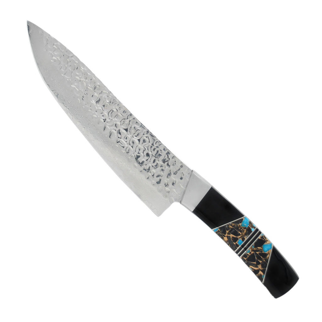 Hammered Damascus Jewelry Collection - Turquoise, Obsidian, and Bronze with Jet - 8in Chefs Kitchen Knife