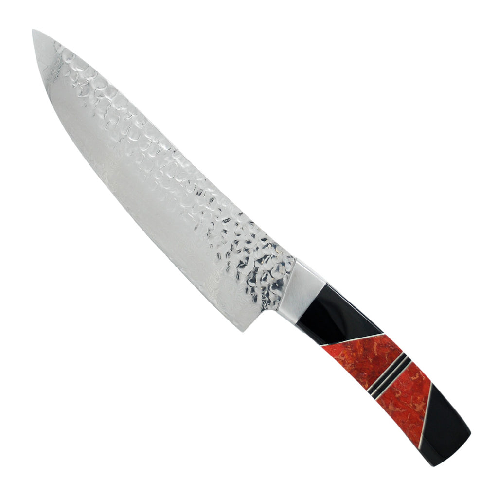 Hammered Damascus Jewelry Collection - Coral with Jet - 8in Chefs Kitchen Knife