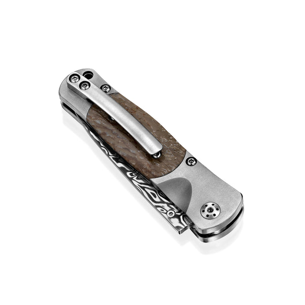 Tesoro –Titanium Button Lock w/ Damasteel Bi-Frost with Fossilized Dinosaur Bone