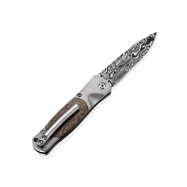 Tesoro –Titanium Button Lock w/ Damasteel Bi-Frost with Fossilized Dinosaur Bone