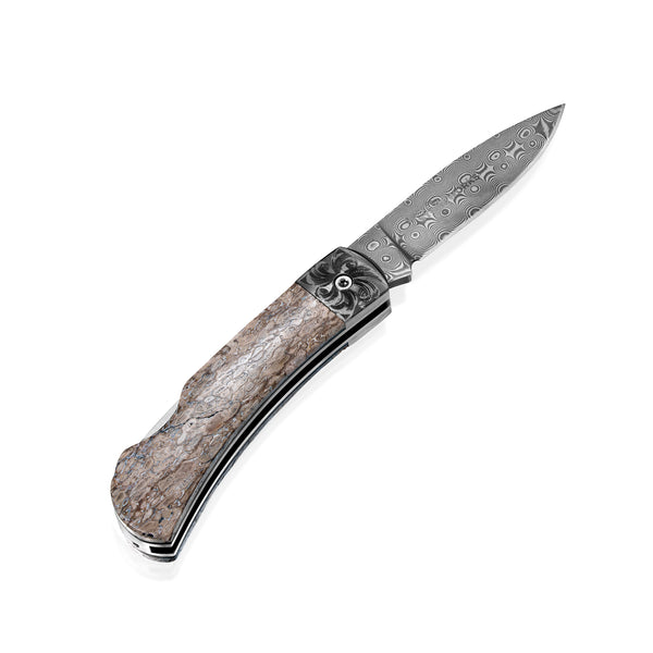 Titanium Lockback – 110‑Layer Stainless Damascus with Dinosaur Bone & Doc’s Engraving (Lasered)