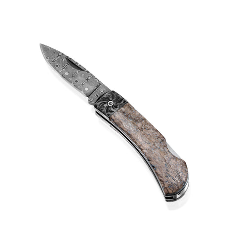 Titanium Lockback – 110‑Layer Stainless Damascus with Dinosaur Bone & Doc’s Engraving (Lasered)