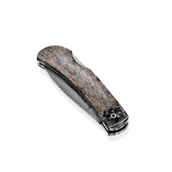 Titanium Lockback – 110‑Layer Stainless Damascus with Dinosaur Bone & Doc’s Engraving (Lasered)