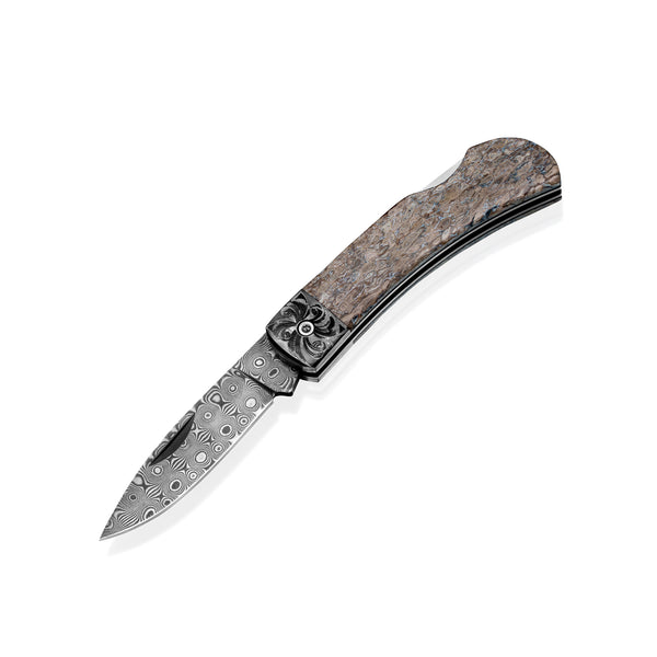 Titanium Lockback – 110‑Layer Stainless Damascus with Dinosaur Bone & Doc’s Engraving (Lasered)