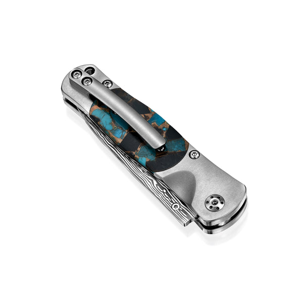 Tesoro Titanium button lock – Damasteel  Kingman Blue Turquoise, Obsidian & Bronze