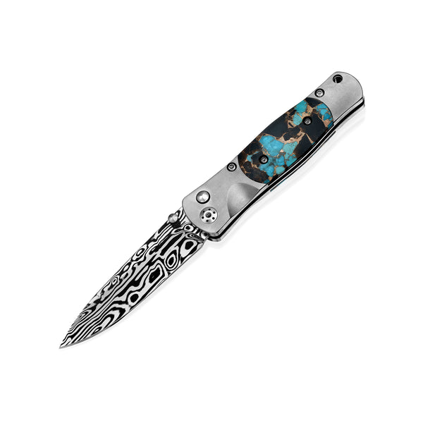 Tesoro Titanium button lock – Damasteel  Kingman Blue Turquoise, Obsidian & Bronze