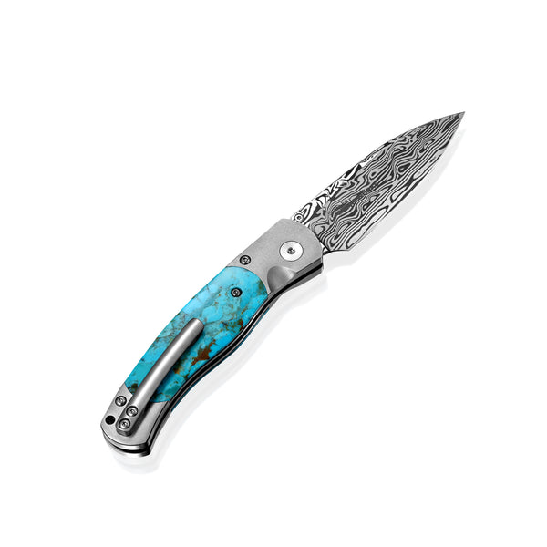 El Rey – Titanium Button Lock  Damasteel with Kingman Blue/Green Turquoise