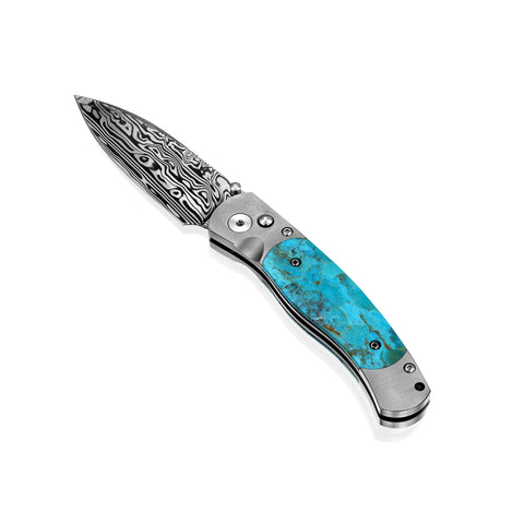 El Rey – Titanium Button Lock  Damasteel with Kingman Blue/Green Turquoise