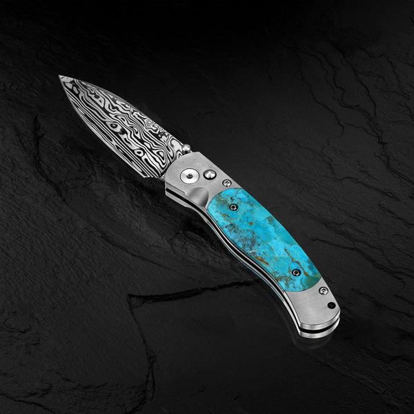 El Rey – Titanium Button Lock  Damasteel with Kingman Blue/Green Turquoise