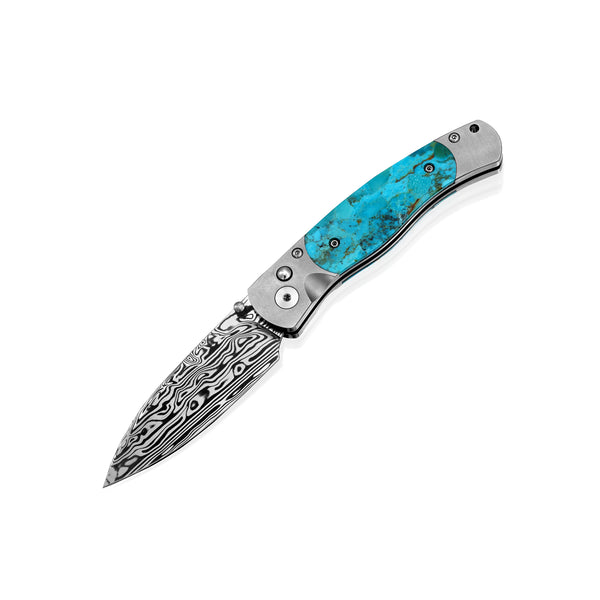 El Rey – Titanium Button Lock  Damasteel with Kingman Blue/Green Turquoise