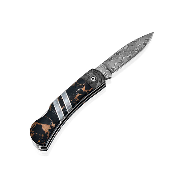 Titanium Lockback – 110‑Layer Stainless Damascus with Black Buffalo Turquoise (Kingman Mine) & Titanium Frame