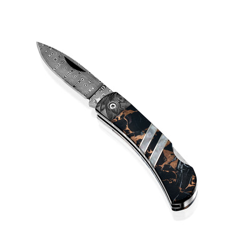 Titanium Lockback – 110‑Layer Stainless Damascus with Black Buffalo Turquoise (Kingman Mine) & Titanium Frame
