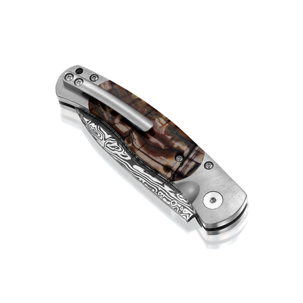 El Rey –Titanium Button Lock with Damasteel with Carmel Fossilized Mammoth Tusk