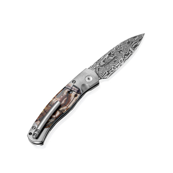 El Rey –Titanium Button Lock with Damasteel with Carmel Fossilized Mammoth Tusk