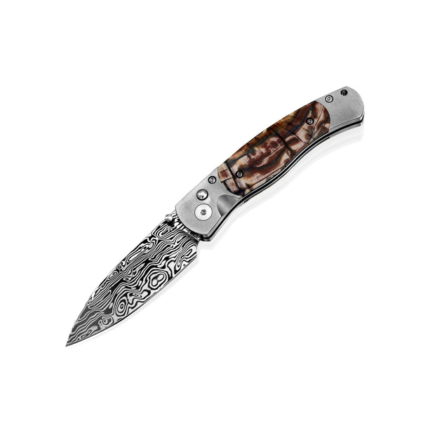 El Rey –Titanium Button Lock with Damasteel with Carmel Fossilized Mammoth Tusk