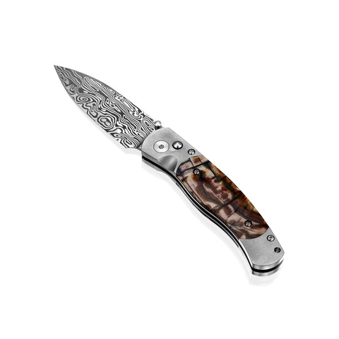 El Rey –Titanium Button Lock with Damasteel with Carmel Fossilized Mammoth Tusk