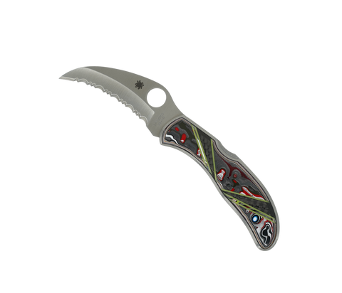 Spyderco Harpy- Serrated Blade- Fordite with Carbon Fiber and green G-10