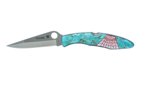 Spyderco Police-Plain Blade with Kingman Turquoise Mother of Pearl and red G-10 webbing