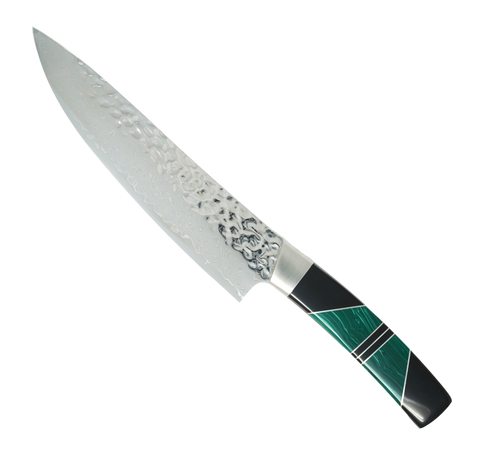 Hammered Damascus Jewelry Collection - Malachite with Jet - 8in Chefs Kitchen Knife