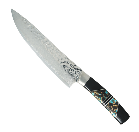 Hammered Damascus Jewelry Collection - Turquoise, Obsidian, and Bronze with Jet - 8in Chefs Kitchen Knife