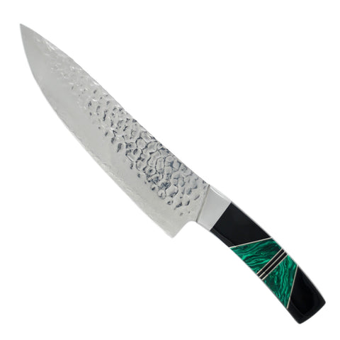 Hammered Damascus Jewelry Collection - Malachite with Jet - 8in Chefs Kitchen Knife