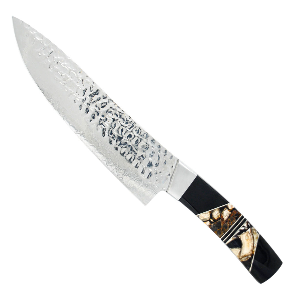 Hammered Damascus - Woolly Mammoth Fossilized Tusk with Jet - 8in Chefs Kitchen Knife