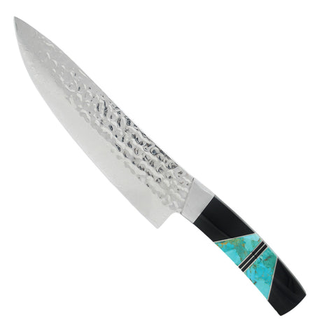 Hammered Damascus Jewelry Collection -  Turquoise with Jet - 8in Chefs Kitchen Knife